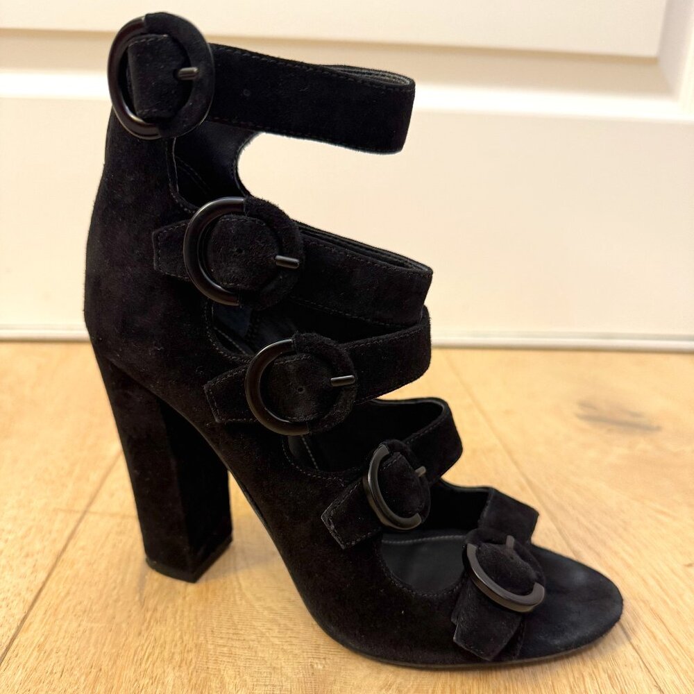 Kendall + Kylie Evie Buckle Black Suede Block Heel
